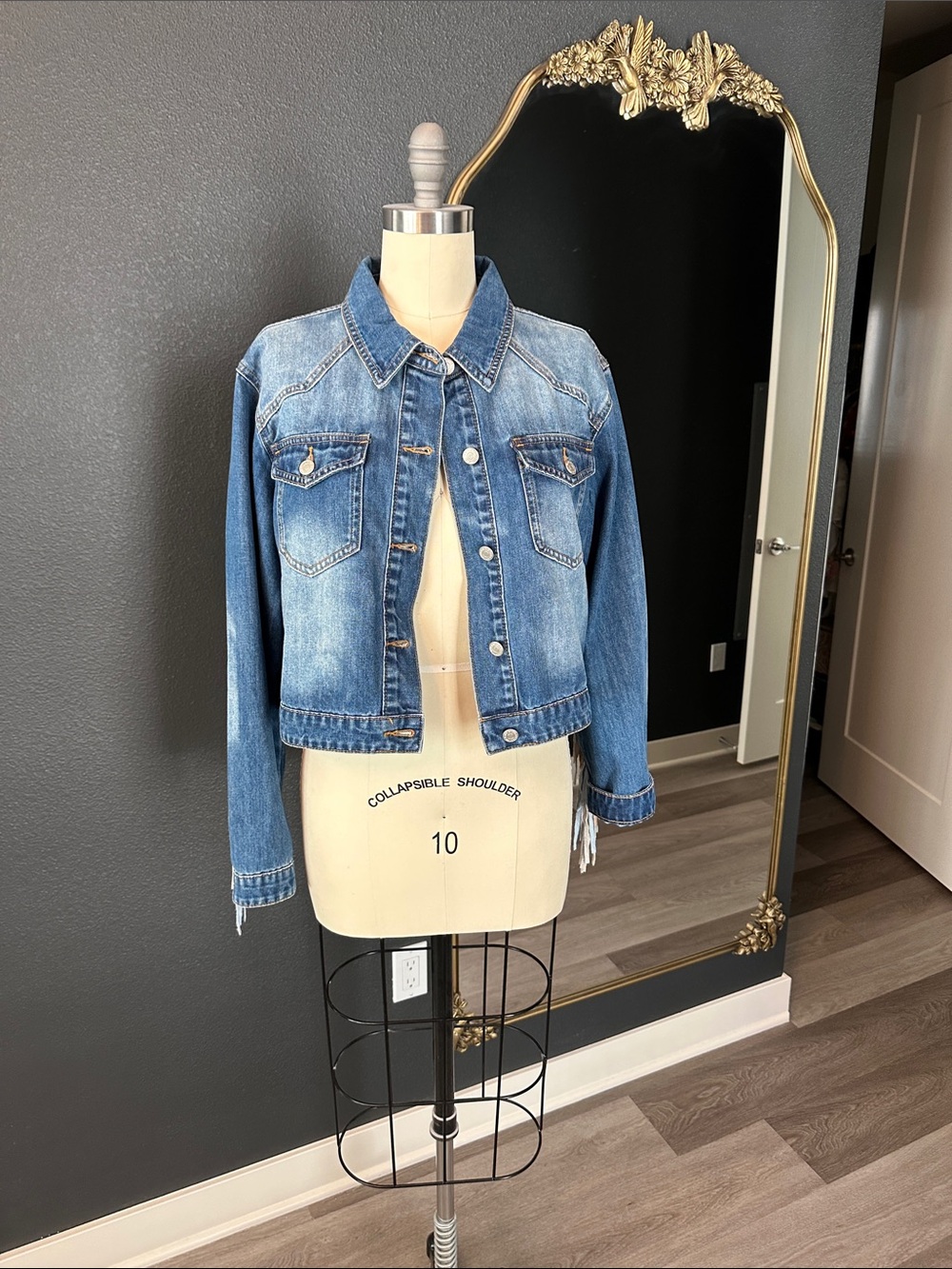 Denim Fringe Cropped Jacket in Blue with Mustard & White Accents western cowboy - Picture 3 of 6